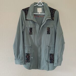 Modcloth Aztec Utility Green Jacket Medium Green Army Pockets Embroidered Boho